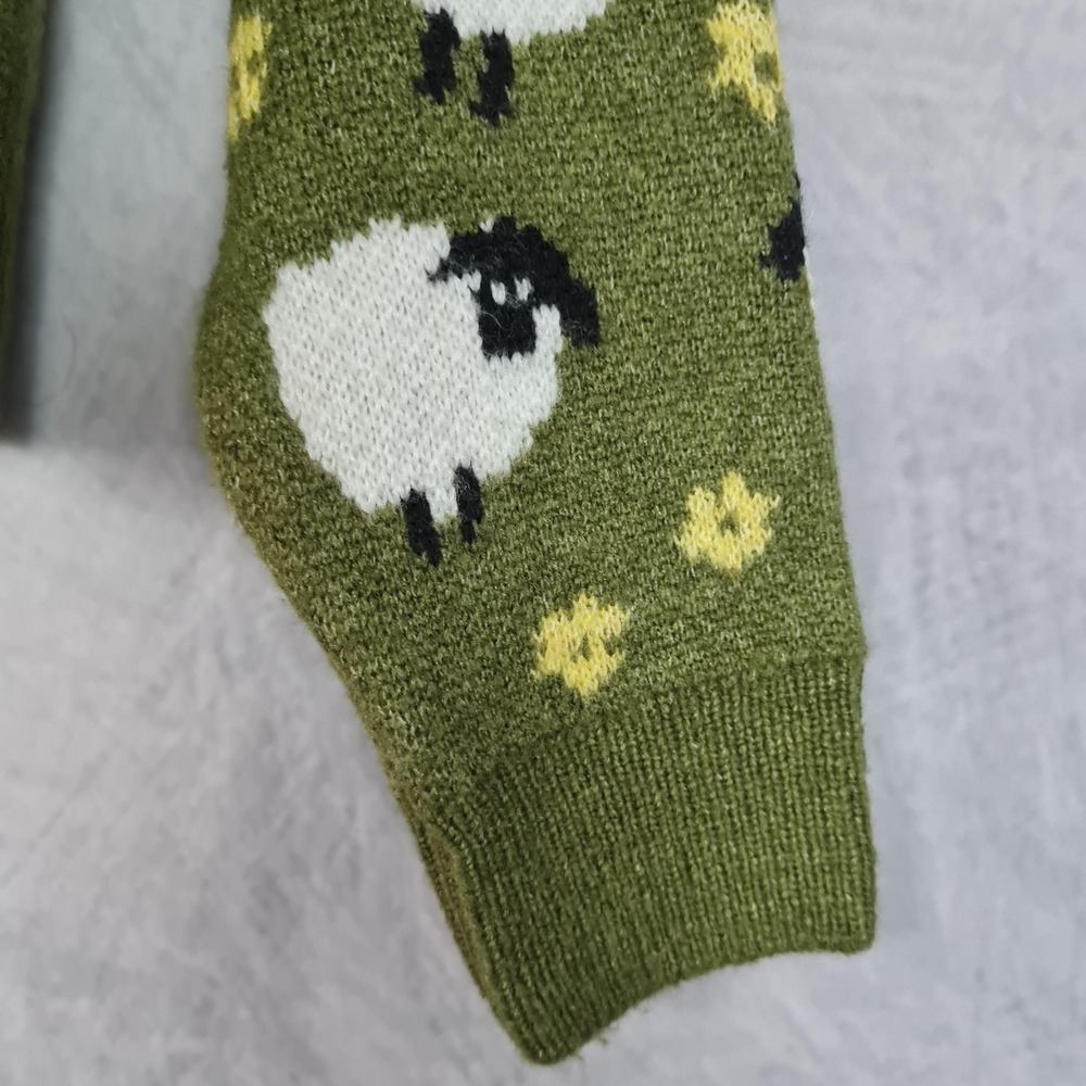 Zara Sweater Womens Medium Green Sheep Floral Graphic Knit Pullover Kawaii - Picture 5 of 16